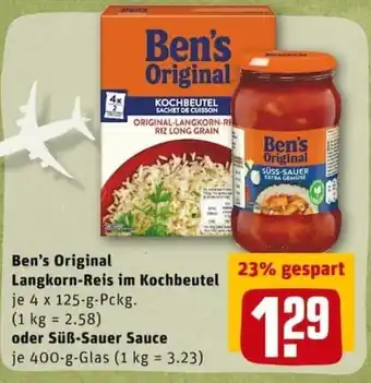 REWE PETZ Ben's Original Langkorn Reis im Kochbeutel 4x125g oder Süß Sauer Sauce 400g Angebot