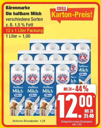 Edeka Bärenmarke Die haltbare Milch 12x1 Liter Packung Angebot