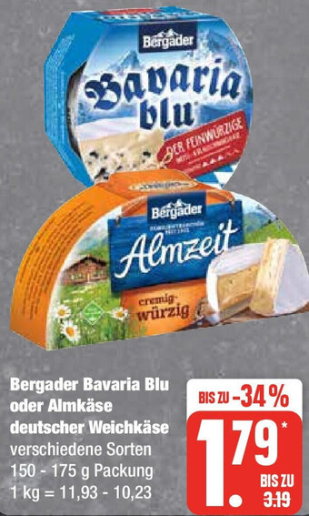 Edeka Bergader Bavaria Blu oder Almkäse deutscher Weichkäse 150-175 g Packung Angebot