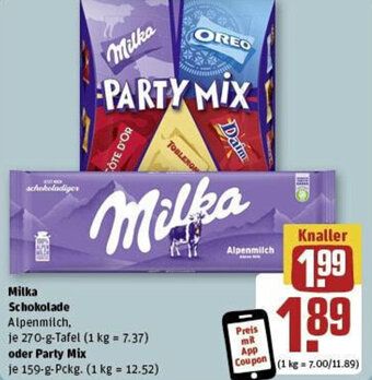 REWE Milka Schokolade 270 g Tafel oder Party Mix 159 g Pckg. Angebot