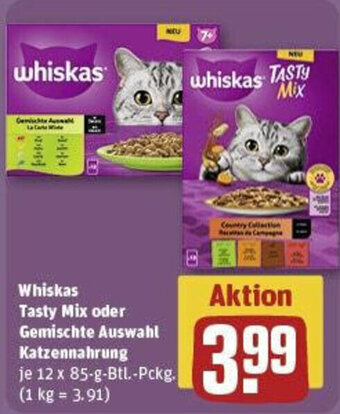 REWE Whiskas Tasty Mix oder Gemischte Auswahl Katzennahrung 12 x 85-g-Btl.-Pckg. Angebot