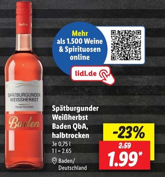 Lidl SPÄTBURGUNDER WEISSHERBST Baden QbA, halbtrocken 0,75 l Angebot