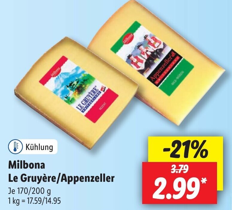 Milbona Le Gruyère/Appenzeller 170/200 g Angebot bei Lidl