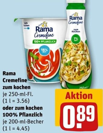 REWE Rama Cremefine zum kochen 250-ml-Fl. oder zum kochen 100% Pflanzlich 200-ml-Becher Angebot