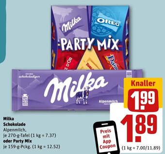 REWE Milka Schokolade 270 g Tafel oder Party Mix 159 g Pckg. Angebot