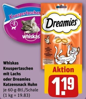 REWE Whiskas Knuspertaschen mit Lachs oder Dreamies Katzensnack Huhn 60-g-Btl./Schale Angebot