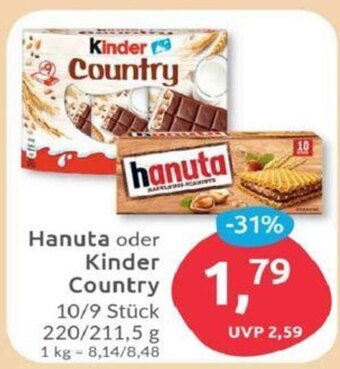 Budni Hanuta oder Kinder Country 220/212g Angebot