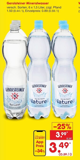 Netto Marken-Discount Gerolsteiner Mineralwasser 6 x 1,5 Liter, Angebot