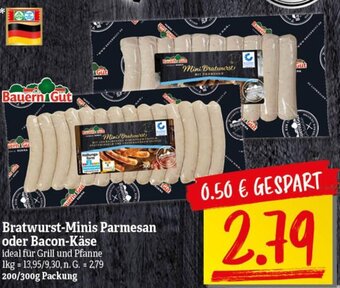 NP Discount Bauern Gut Bratwurst-Minis Parmesan oder Bacon-Käse 200/300g Packung Angebot