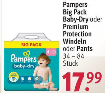 Rossmann Pampers Big Pack Baby-Dry oder Premium Protection Windeln oder Pants 34-84 Stück Angebot