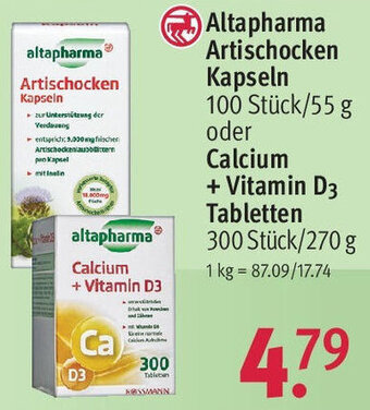 Rossmann Altapharma Artischocken Kapseln 100 Stück/55 g oder Calcium + Vitamin D3 Tabletten 300 Stück/270 g Angebot