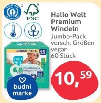 Budni Hallo Welt Premium Windeln Jumbo-Pack versch. Größen vegan 60 Stück Angebot