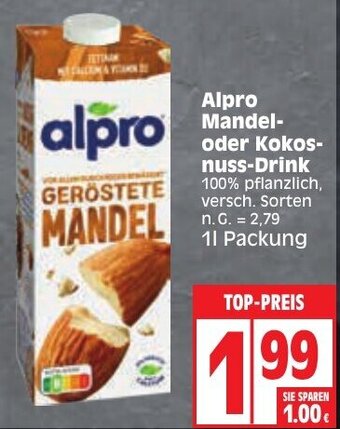 Edeka Alpro Mandel-oder Kokosnuss-Drink 1 L Packung Angebot