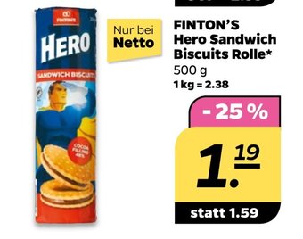 NETTO FINTON'S Hero Sandwich Biscuits Rolle* 500 g Angebot