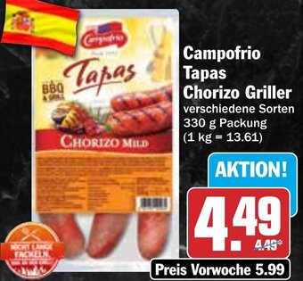 Hit Campofrio Tapas Chorizo Griller 330 g Packung Angebot