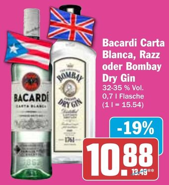 Hit Bacardi Carta Blanca, Razz oder Bombay Dry Gin 0,7 L Flasche Angebot