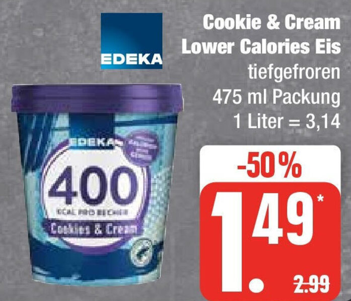 EDEKA Cookie & Cream Lower Calories Eis 475 ml Packung Angebot bei Edeka
