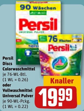 REWE Persil Discs Colorwaschmittel 76 WL Btl. oder Vollwaschmittel Universal Pulver 90-WL-Pckg. Angebot