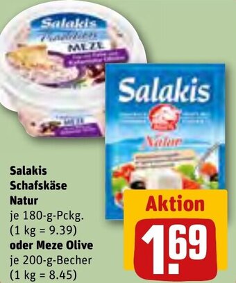 REWE Salakis Schafskäse Natur 180 g Pckg. oder Meze Olive 200 g Becher Angebot