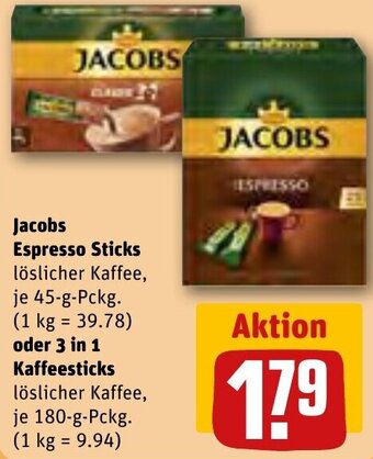 REWE Jacobs Espresso Sticks 45 g oder 3 in 1 Kaffeesticks 180-g-Pckg. Angebot