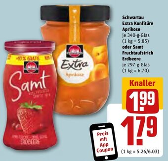 REWE Schwartau Extra Konfitüre Aprikose 340 g oder Samt Fruchtaufstrich Erdbeere 297 g Glas Angebot