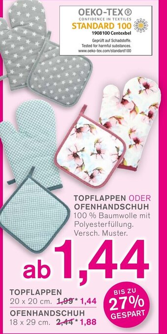 KODi TOPFLAPPEN ODER OFENHANDSCHUH 100 % Baumwolle mit Polyesterfüllung. Versch. Muster. Angebot