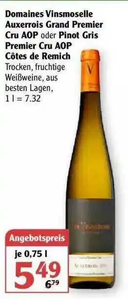 Globus Domaines Vinsmoselle Auxerrois Grand Premier Cru Aop Oder Pinot Gris Premier Cru Aop Côtes De Remich Angebot