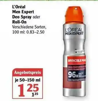 Globus L'oréal Men Expert Deo Spray Oder Roll-on Angebot