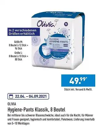 Aldi Nord Olivia Hygiene-pants Klassik 8 Beutel Angebot