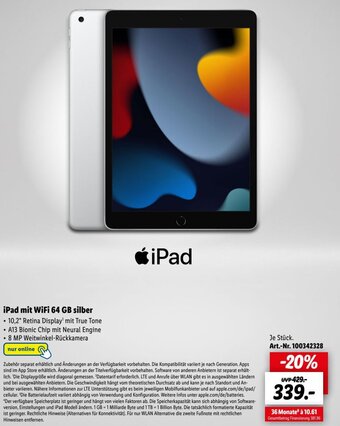 Lidl iPad mit WiFi 64 GB silber Angebot