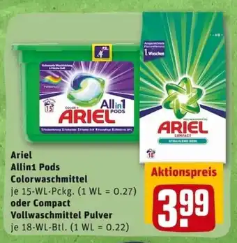 REWE PETZ Ariel All in 1 Pods Colorwaschmittel oder Compact Vollwaschmittel Pulver Angebot