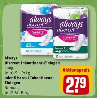 REWE PETZ Always Discreet Inkontinenz Einlagen Long oder Normal Angebot