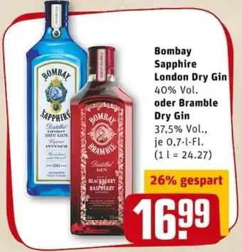 REWE PETZ Bombay Sapphire London Dry Gin oder Bramble  Dry Gin 0,7L Angebot