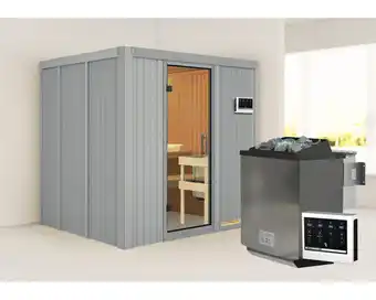 Hornbach Elementsauna karibu sodina inkl. 9 kw bio ofen u.ext. steuerung ohne dachkranz mit ganzglastüre aus klarglas grau Angebot