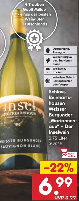 Netto Marken-Discount Schloss Reinhartshausen Weisser Burgunder ,,Mariannenque" - Der Inselwein 0,75 Liter Angebot