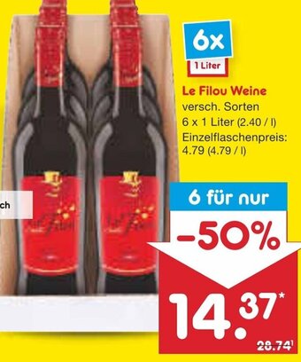 Netto Marken-Discount Le Filou Weine 6x1 Liter Angebot