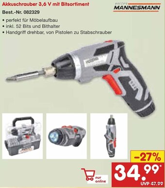 Netto Marken-Discount BRÜDER MANNESMANN Akkuschrauber 3,6 V mit Bitsortiment Angebot