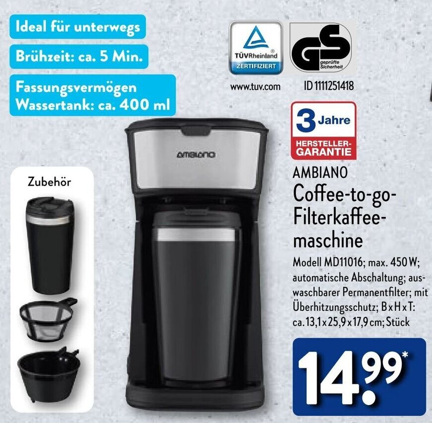 AMBIANO CoffeetogoFilterkaffeemaschine Angebot bei Aldi Nord