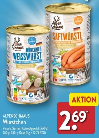 Aldi Nord ALPENSCHMAUS Würstchen 530 g Dose Angebot