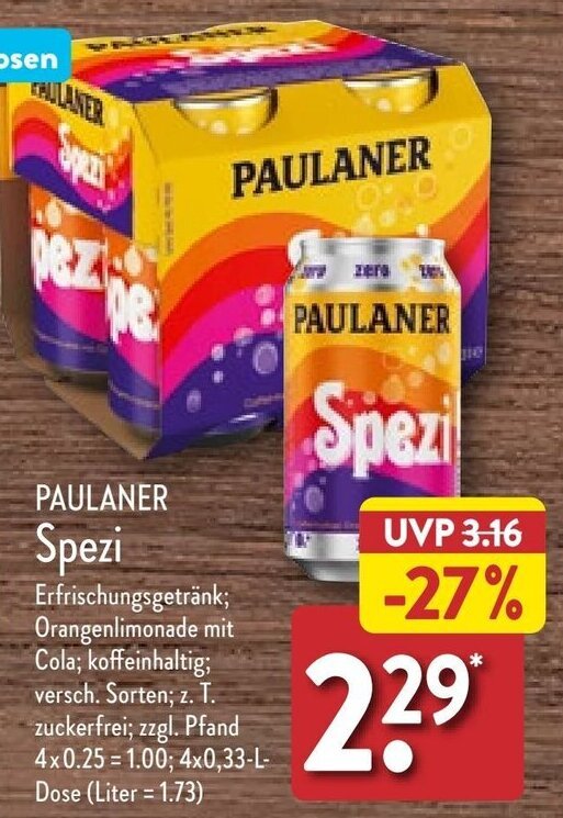 PAULANER Spezi 4x0,33 L Dose Angebot bei Aldi Nord