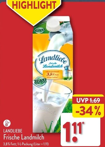 Aldi Nord LANDLIEBE Frische Landmilch 1 L Packung Angebot