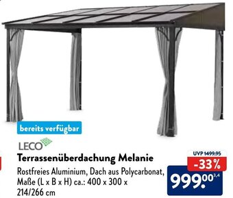 Aldi Nord LECO Terrassenüberdachung Melanie Rostfreies Aluminium, Dach aus Polycarbonat, Maße (L x B x H) ca.: 400 x 300 x 214/266 cm Angebot