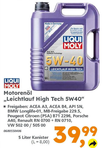 Globus Baumarkt LIQUI MOLY Motorenöl ,,Leichtlauf High Tech 5W40" 5L Angebot