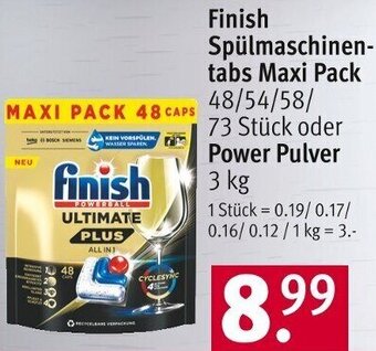 Rossmann Finish Spülmaschinentabs Maxi Pack 48/54/58/ 73 Stück oder Power Pulver 3 kg Angebot