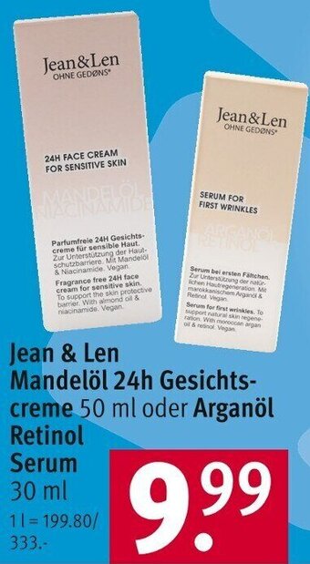 Rossmann Jean & Len Mandelöl 24h Gesichtscreme 50 ml oder Arganöl Retinol Serum 30 ml Angebot