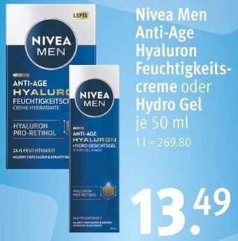 Rossmann Nivea Men Anti-Age Hyaluron Feuchtigkeits-creme oder Hydro Gel 50 ml Angebot