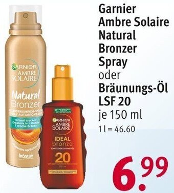 Rossmann Garnier Ambre Solaire Natural Bronzer Spray oder Bräunungs-Öl LSF 20 je 150 ml Angebot