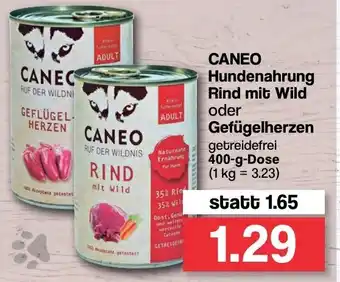 Famila Nord West Caneo Hundenahrung Rind mit Wild oder Geflügelherzen 400g Angebot