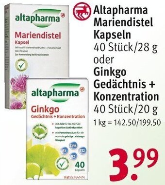 Rossmann Altapharma Mariendistel Kapseln 40 Stück/28 g oder Ginkgo Gedächtnis + Konzentration 40 Stück/20 g Angebot