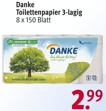 Rossmann Danke Toilettenpapier 3-lagig 8 x 150 Blatt Angebot